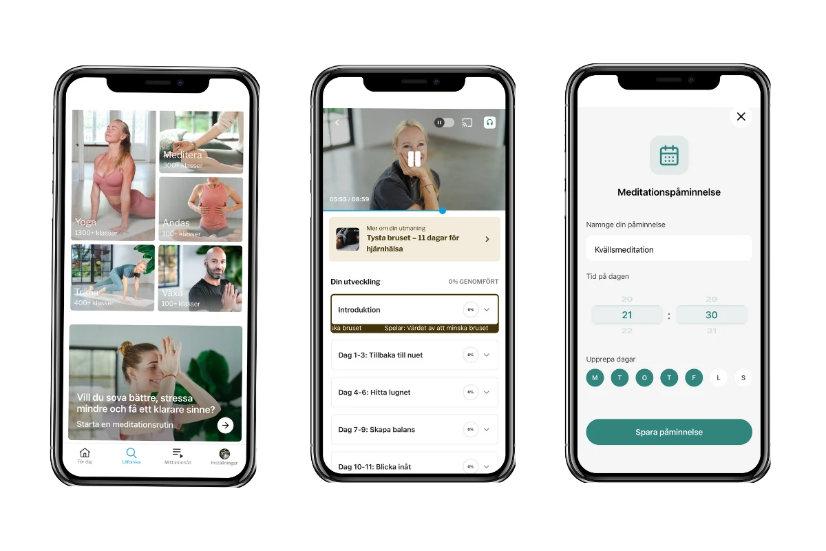 Yogobes app med Tysta bruset och påminnelsefunktionen