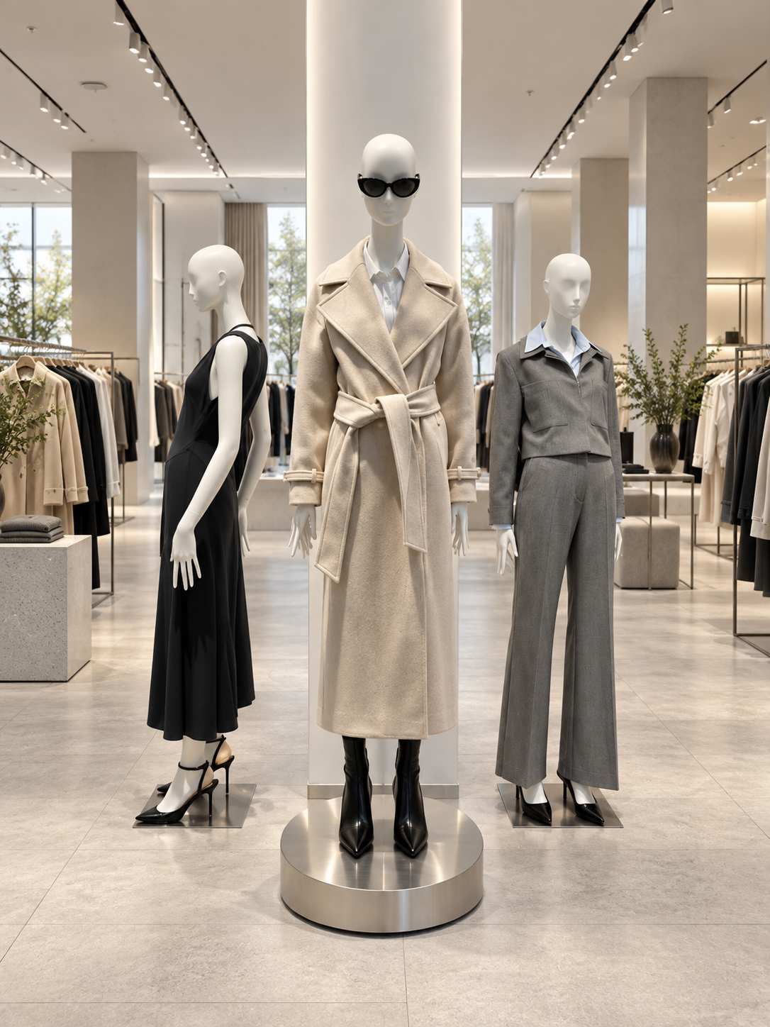 Tre skyltdockor i beige kappa, svart klänning och grå kostym i en ljus, fiktiv butik